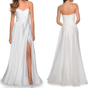 LA FEMME Women 6 Gown Dress White 28608 Satin Pleated Strapless Bodice Pockets